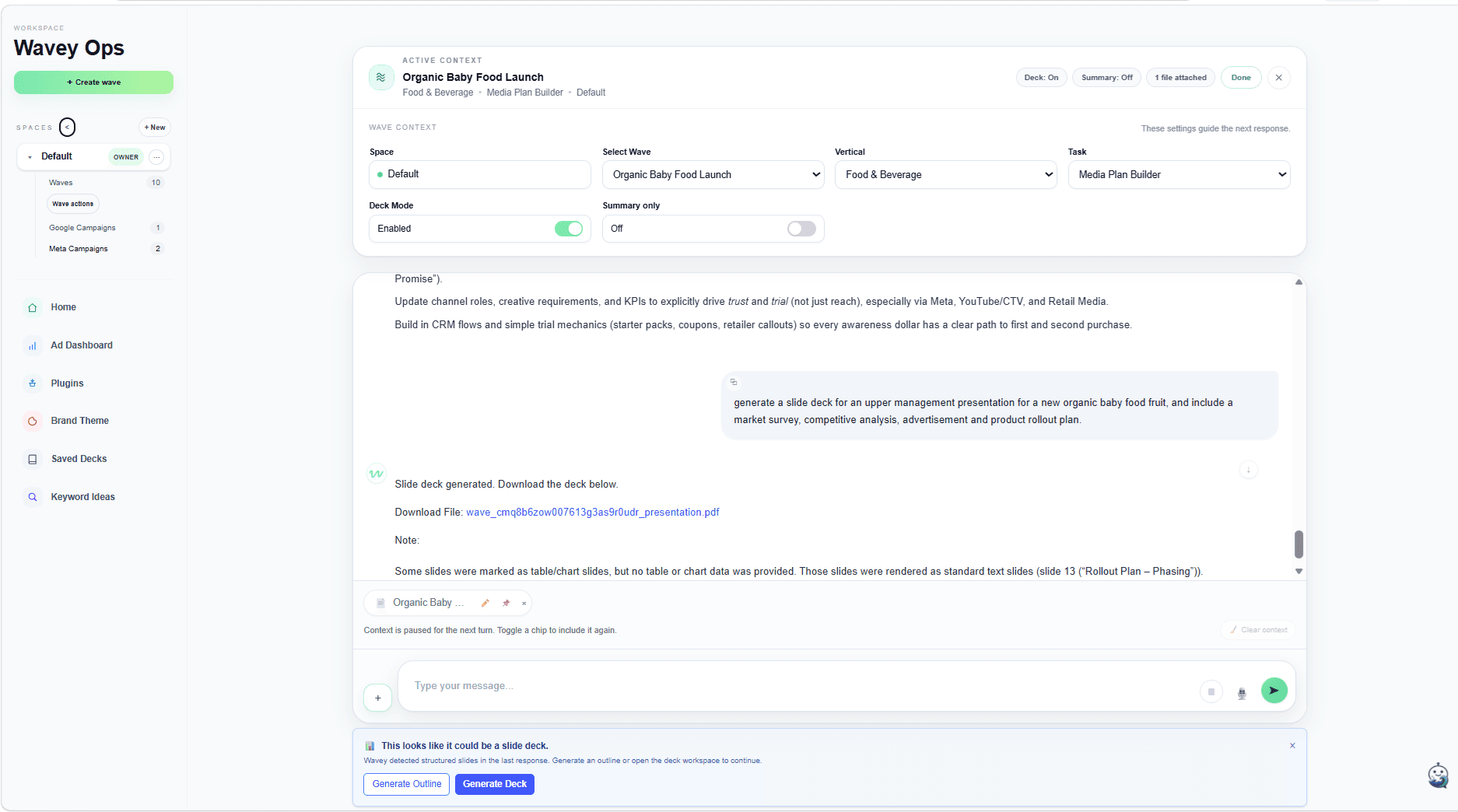 Wavey AI strategist workspace generating an executive strategy deck